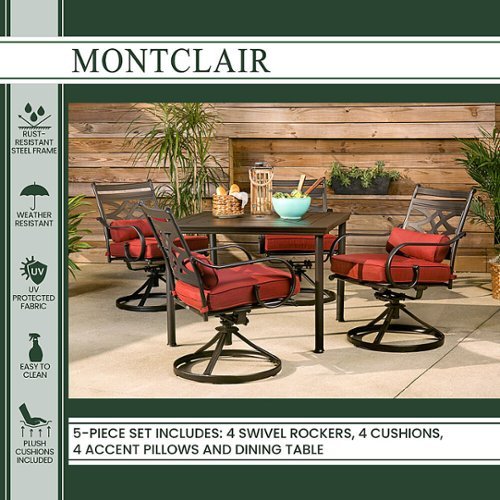 Hanover - Montclair 5-Piece Patio Dining Set with 4 Swivel Rockers and a 40-Inch Square Table - Chili Red/Brown