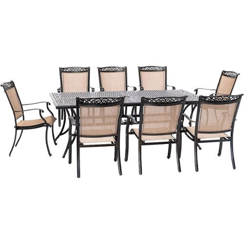 Image of Hanover - Fontana 9-Piece Outdoor Dining Set with 8 Sling Chairs and a 42-In. x 84-In. Cast-Top Table - Tan/Bronze
