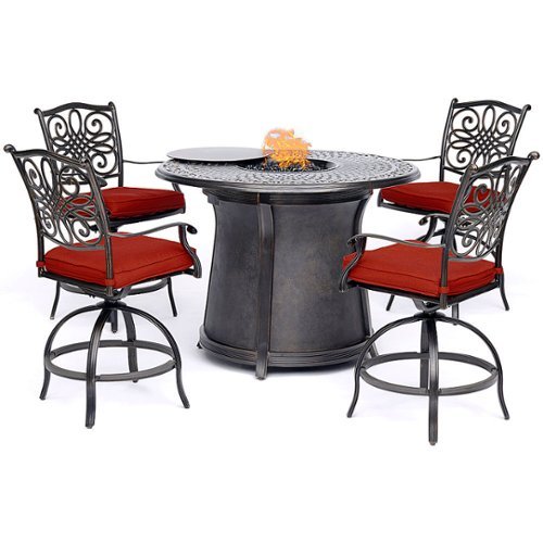 

Hanover - Traditions 5-Piece High-Dining Set with Fire Pit Table - Red/Bronze