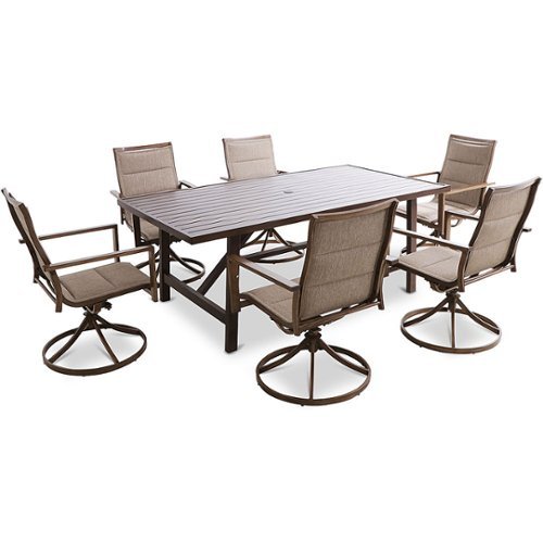 Mod Furniture - Atlas 7-Piece Outdoor Dining Set with 6 Padded Contoured-Sling Swivel Rockers and a 74-In. x 40-In. Trestle Table - Tan