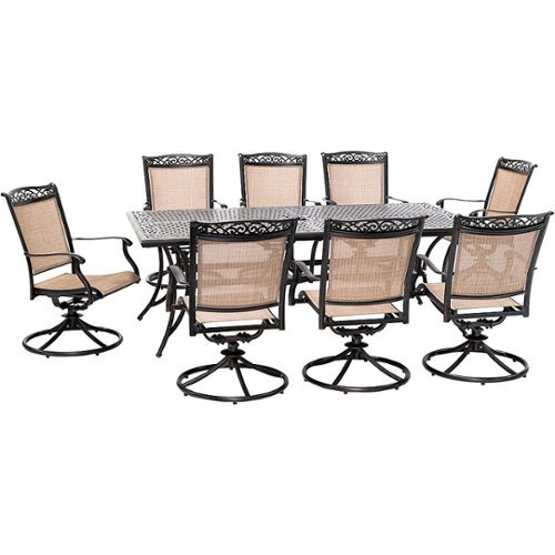 Image of Hanover - Fontana 9-Piece Outdoor Dining Set with 8 Sling Swivel Rockers and a 42-In. x 84-In. Cast-Top Table - Tan/Bronze