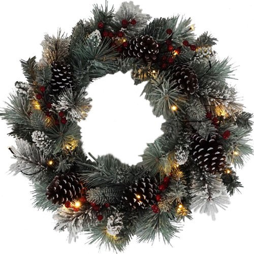 Lloyd & Hannah - 24" Frosted Pine Prelit Artificial Wreath with Pinecones & Red Berries - Green