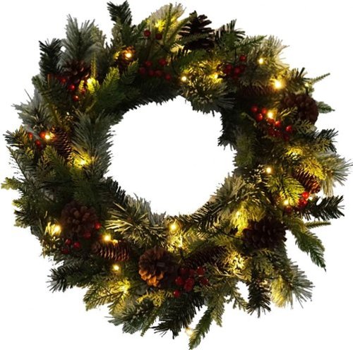 Lloyd & Hannah - 24" Mixed Pine Prelit Artificial Wreath with Pinecones & Red Berries - Green