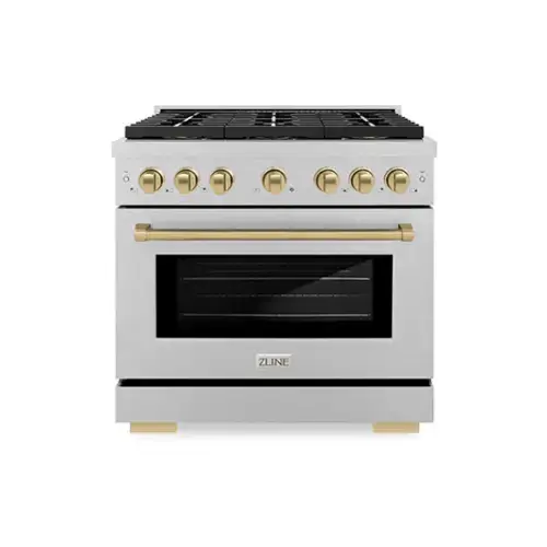 Front. ZLINE - ZLINE Autograph 36 in. 5.2 cu. ft. Freestanding Paramount Gas DuoPro Range in Satin Steel and Champagne Bronze Accents - Stainless Steel.