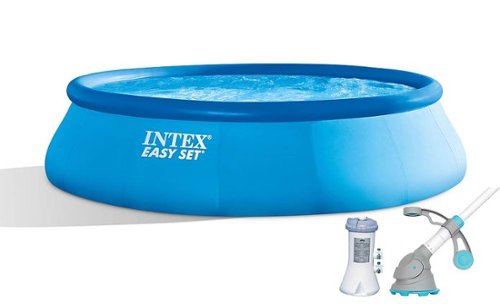 Intex - 15ft x 42in Easy Set Inflatable Round Family Swimming Pool & Pump, Vacuum - Blue