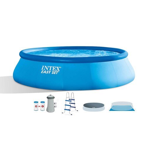 Intex - 15' x 42" Inflatable Easy Set Swimming Pool and Debris Vinyl Cover Tarp - Blue
