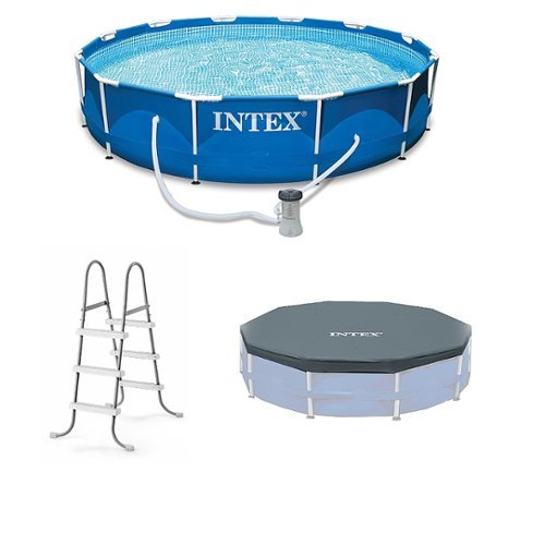 Intex - 12'x30" Swimming Pool w/ Pump, Pool Ladder for 42” Wall, & 12’ Cover - Blue