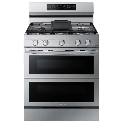Front. Samsung - Open Box 6.0 cu. ft. Smart Freestanding Gas Range with Flex Duo, Stainless Cooktop & Air Fry - Fingerprint Resistant Stainless Steel.