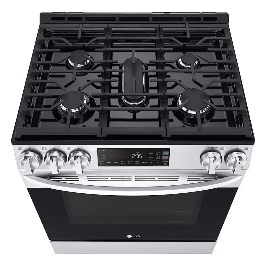 The stove has a digital display that shows the time and temperature.