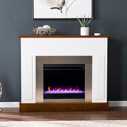 SEI Furniture - Eastrington Color Changing Electric Fireplace - White and dark tobacco finish w/ nickel surround