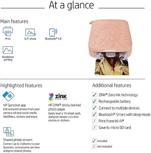 HP Sprocket Portable 2 x 3 Instant Photo Printer, Prints From iOS or Android Devices - Blush Pink BUY ONLINE