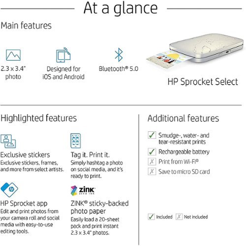 HP SPROCKET SELECT PORTABLE INSTANT PHOTO PRINTER COMPATIBLE WITH 2.3X3.4 ZINK PHOTO PAPER - GRAY BUY IN EUROPE