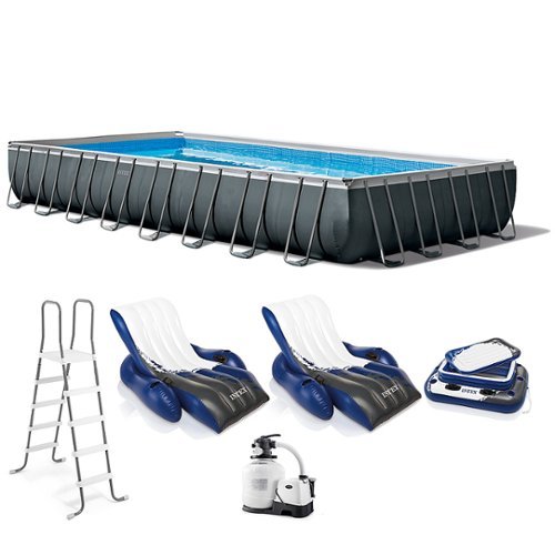 Intex - 32' x 16' x 52" Ultra XTR Rectangular Pool w/ 2 Floating Chairs & Cooler - Gray-Front_Standard 