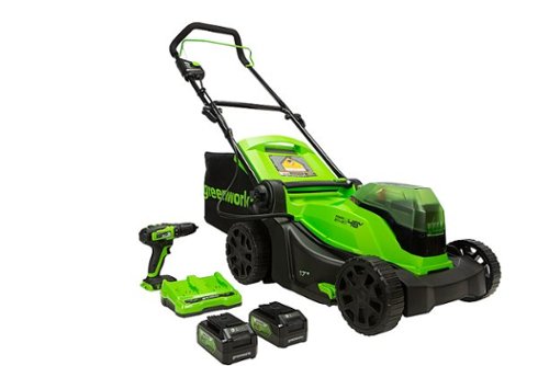 Greenworks - 17" 48-Volt (24V x 2) Cordless Brushless Lawn Mower with Drill/Driver (2 x 4.0Ah USB Batteries and Charger Included) - green