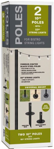 Excello Global Products - Bistro String Light Poles - 2 Pack - Extends to 10 Feet - 50 Feet of String Lights Included - Black