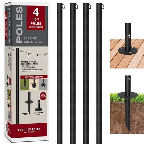 Excello Global Products - Bistro String Light Poles - 4 Pack - Extends to 10 Feet - Universal Mounting Options - Black