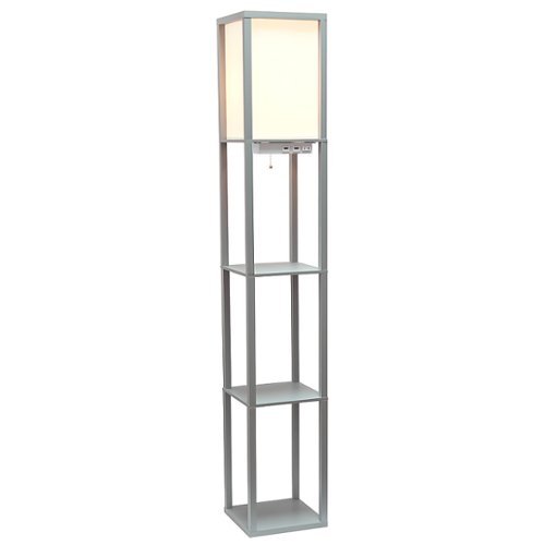 

Simple Designs - Floor Lamp Etagere Organizer Storage Shelf w 2 USB Charging Ports, 1 Charging Outlet & Linen Shade - Gray