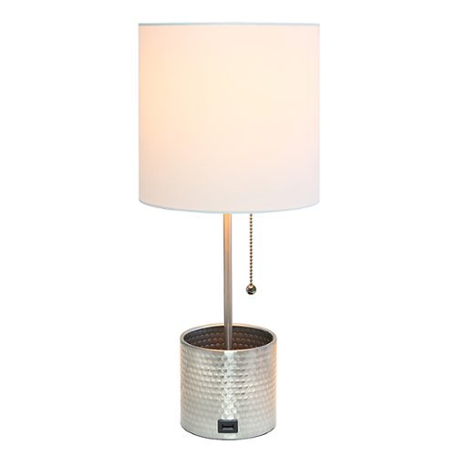 Simple Designs - Hammered Metal Organizer Table Lamp with USB charging port and Fabric Shade - Brushed Nickel base/White shade