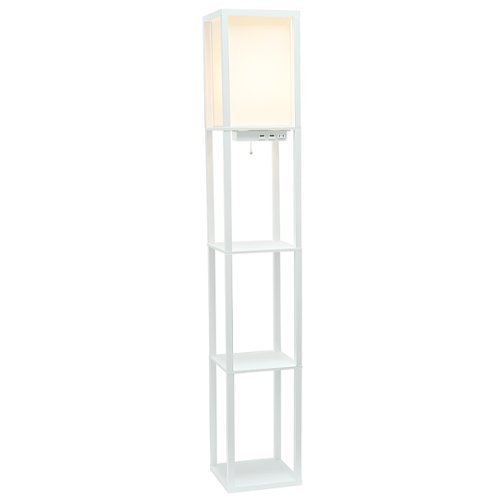 

Simple Designs - Floor Lamp Etagere Organizer Storage Shelf w 2 USB Charging Ports, 1 Charging Outlet & Linen Shade - White