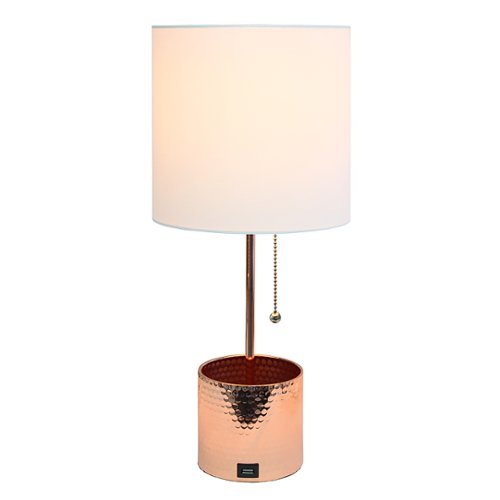 Simple Designs - Hammered Metal Organizer Table Lamp with USB charging port and Fabric Shade - Rose Gold base/White shade