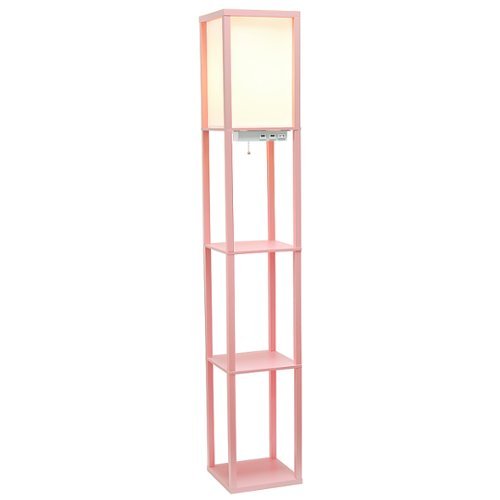

Simple Designs - Floor Lamp Etagere Organizer Storage Shelf w 2 USB Charging Ports, 1 Charging Outlet & Linen Shade - Light Pink