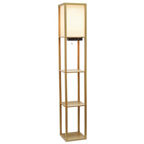 Simple Designs - Floor Lamp Etagere Organizer Storage Shelf w 2 USB Charging Ports, 1 Charging Outlet & Linen Shade - Tan