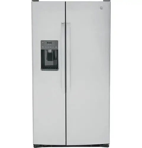 Front. GE - 25.3 Cu. Ft. Side-by-Side Refrigerator with External Ice & Water Dispenser - Stainless Steel.