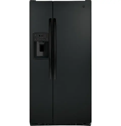 Front. GE - 23.0 Cu. Ft. Side-by-Side Refrigerator with External Ice & Water Dispenser - High Gloss Black.