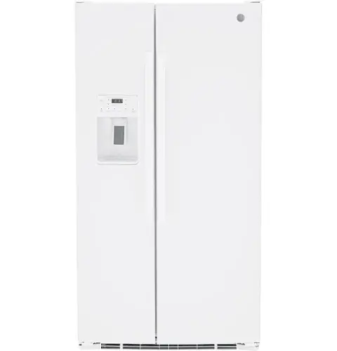 Front. GE - 25.3 Cu. Ft. Side-by-Side Refrigerator with External Ice & Water Dispenser - High Gloss White.