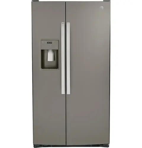 Front. GE - 25.3 Cu. Ft. Side-by-Side Refrigerator with External Ice & Water Dispenser - Slate.