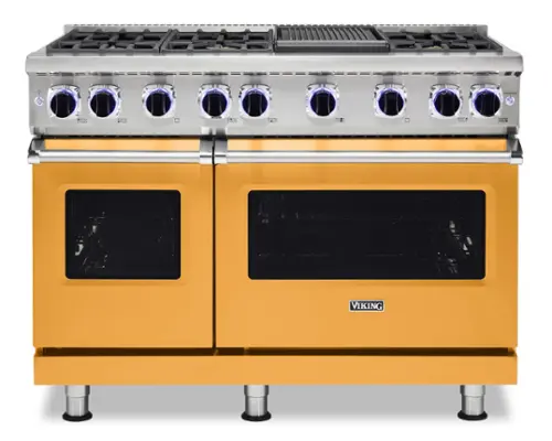 The text on the image reads "SH 2ER S8 20S 888 8808 N VIKING." This is a product description for a Viking stove, which features a stainless steel top and an orange body. The stove has six burners and a double oven, making it a versatile and functional appliance for cooking and baking.