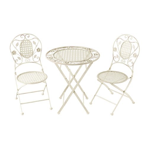 Hastings Home - Folding Bistro Set Outdoor Furniture for Garden, Patio, Porch with Lattice & Leaf Design 3PC Table and Chairs - Antique White-Alt_View_Standard_17 