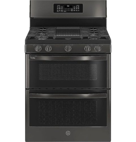 GE Profile - 6.8 Cu. Ft. Frestanding Double Oven Gas True Convection Range with No-Preheat Air Fry - Black stainless steel