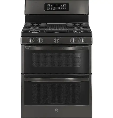 Front. GE Profile - 6.8 Cu. Ft. Frestanding Double Oven Gas True Convection Range with No-Preheat Air Fry - Black Stainless Steel.