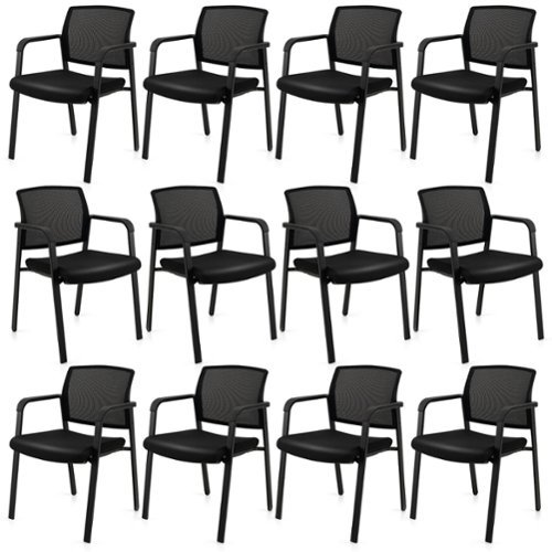 Gymax - 12-Pack Office Conference Chair Set Mesh Guest Reception Stack Chairs w/ Caster Wheels - Black-Front_Standard 