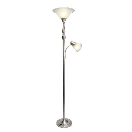 Lalia Home - Torchiere 800lm Floor Lamp with Reading Light and Marble Glass Shades - Brushed Nickel/White Shade