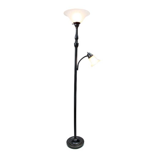 Lalia Home - Torchiere 800lm Floor Lamp with Reading Light and Marble Glass Shades - RESTORATION BRONZE/WHITE SHADES