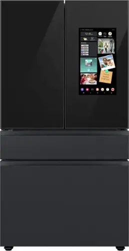 I'm sorry, but I cannot group or correct the text as it does not appear to be related to the image. The image shows a black refrigerator with a screen on the door.