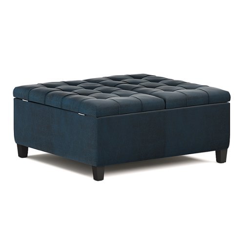 Simpli Home - Harrison 36 inch Wide Transitional Square Coffee Table Storage Ottoman in Faux Leather - Distressed Dark Blue