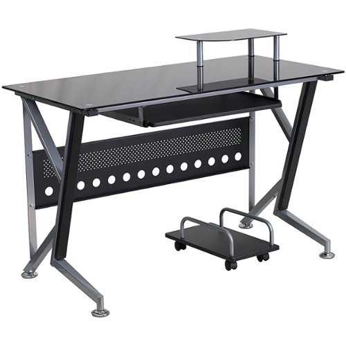 Flash Furniture - Black Glass Computer Desk with Pull-Out Keyboard Tray and CPU Cart - Black Top/Silver Frame