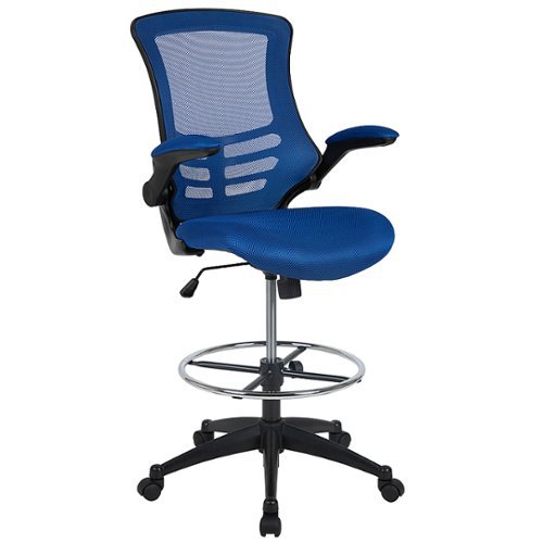 Flash Furniture - Mid-Back Mesh Ergonomic Drafting Chair with Adjustable Foot Ring and Flip-Up Arms - Blue Mesh