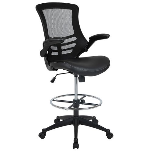 Flash Furniture - Mid-Back Mesh Ergonomic Drafting Chair with Adjustable Foot Ring and Flip-Up Arms - Black LeatherSoft/Mesh