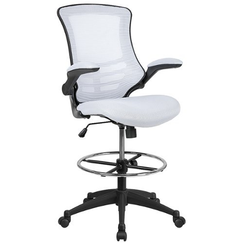 Flash Furniture - Mid-Back Mesh Ergonomic Drafting Chair with Adjustable Foot Ring and Flip-Up Arms - White Mesh