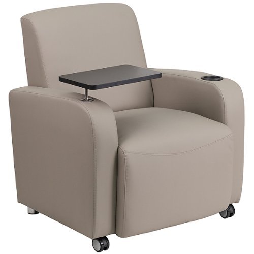 Flash Furniture - LeatherSoft Guest Chair with Tablet Arm, Front Wheel Casters and Cup Holder - Gray