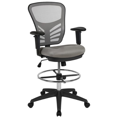 Flash Furniture - Mid-Back Mesh Ergonomic Drafting Chair with Adjustable Chrome Foot Ring, Adjustable Arms - Light Gray Mesh/Black Frame