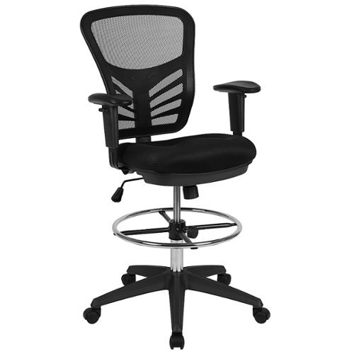 Flash Furniture - Mid-Back Mesh Ergonomic Drafting Chair with Adjustable Chrome Foot Ring, Adjustable Arms - Black Mesh/Black Frame