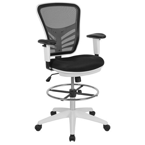 Flash Furniture - Mid-Back Mesh Ergonomic Drafting Chair with Adjustable Chrome Foot Ring, Adjustable Arms - Black Mesh/White Frame