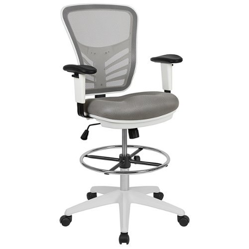 Flash Furniture - Mid-Back Mesh Ergonomic Drafting Chair with Adjustable Chrome Foot Ring, Adjustable Arms - Light Gray Mesh/White Frame