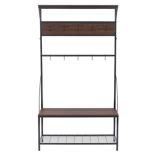 CorLiving Rowan Wood Grain and Metal Hall Tree Bench and Shoe Rack - Brown and Black