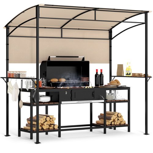 Gymax - 7.8 x 4.4 FT Grill Gazebo Outdoor Patio BBQ Canopy w/ Metal Shelves for Backyard - Beige-Front_Standard 